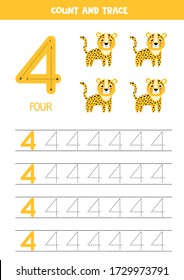 Numbers tracing practice. Writing number four. Tracing worksheet with four cute leopards. Ready for print. Math game for children who learn to count and write.