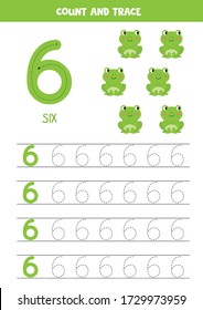 Numbers tracing practice. Writing number six. Tracing worksheet with cute green frogs. Ready for print. Math game for children who learn to count and write.