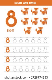 Numbers tracing practice. Writing number eight. Tracing worksheet with cute red foxes. Ready for print.  Math game for children who learn to count and write.