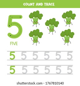 Práctica de seguimiento de números. Escribiendo el número cinco con el lindo kawaii broccoli. Listo para imprimir. Juego matemático para niños que aprenden a contar y escribir.