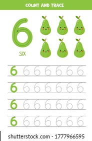 Numbers tracing practice. Writing number six. Tracing worksheet with cute green kawaii pears. Ready for print. Math game for children who learn to count and write.