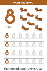 Numbers tracing practice. Writing number eight. Cute ant.