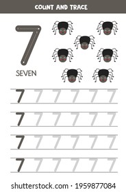 Numbers tracing practice. Writing number seven. Cute spider.