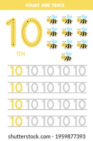 Numbers tracing practice. Writing number ten. Cute bee.