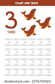 Numbers tracing practice. Writing number three. Cute sea lions.
