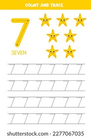 Numbers tracing practice. Writing number seven. Cute yellow starfish.