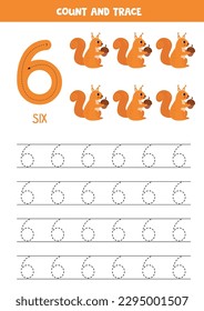 Numbers tracing practice. Writing number six. Cute squirrels.