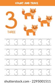 Numbers tracing practice. Writing number three. Cute foxes.