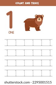 Numbers tracing practice. Writing number one. Cute bear.