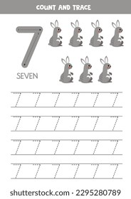 Numbers tracing practice. Writing number seven. Cute rabbits.