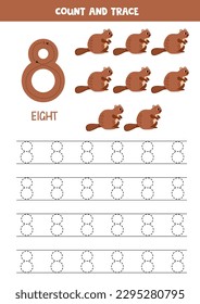 Numbers tracing practice. Writing number eight. Cute beavers.