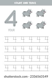 Numbers tracing practice. Writing number four. Cute cartoon rhinoceros.