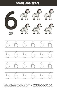 Numbers tracing practice. Writing number six. Cute cartoon zebras.