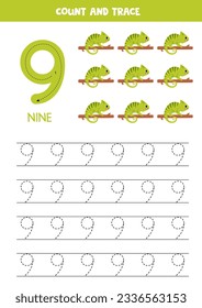 Numbers tracing practice. Writing number nine. Cute cartoon chameleons.