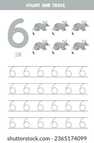 Numbers tracing practice. Writing number six. Cute cartoon bandicoot.