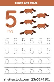 Numbers tracing practice. Writing number five. Cute cartoon platypus.