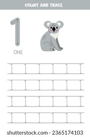 Numbers-Ablaufverfolgung. Schreiben Nummer eins. Cute Cartoon koala.