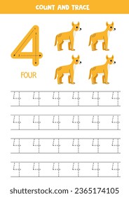 Numbers tracing practice. Writing number four. Cute cartoon dingo dog.