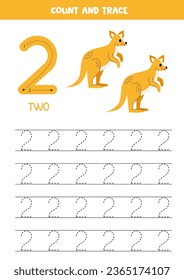 Numbers tracing practice. Writing number two. Cute cartoon kangaroo.