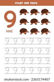 Numbers tracing practice. Writing number nine. Cute cartoon echidna.