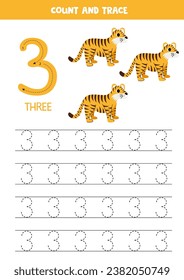 Numbers tracing practice. Writing number three. Cute cartoon tigers.