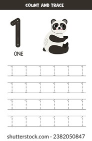 Numbers tracing practice. Writing number one. Cute cartoon panda.