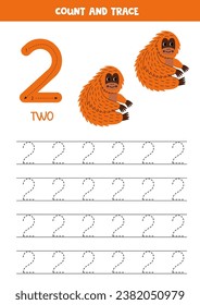 Numbers tracing practice. Writing number two. Cute cartoon orangutan.