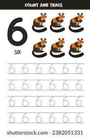 Numbers tracing practice. Writing number six. Cute cartoon giant squirrels.