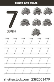 Numbers tracing practice. Writing number seven. Cute cartoon porcupines.