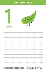Numbers tracing practice. Writing number one. Cute cartoon zucchini.
