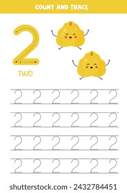 Numbers tracing practice. Writing number two. Cute cartoon ugli fruits.