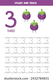 Numbers tracing practice. Writing number three. Cute cartoon mangosteen.