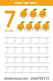 Numbers tracing practice. Writing number seven. Cute cartoon apricots.