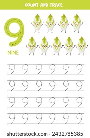 Práctica de rastreo de números. Escribiendo el número nueve. Lindas endibias de dibujos animados.
