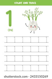 Numbers tracing practice. Writing number one. Cute cartoon fennel.