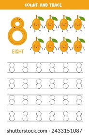 Numbers tracing practice. Writing number eight. Cute cartoon ximenia fruits.