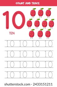 Numbers tracing practice. Writing number ten. Cute cartoon victoria plums.