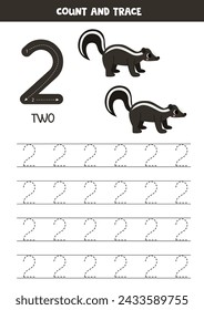 Numbers tracing practice. Writing number two. Cute cartoon skunks.