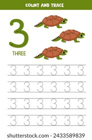 Numbers tracing practice. Writing number three. Cute cartoon caiman turtles.