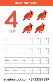 Práctica de rastreo de números. Escribiendo el número cuatro. Lindos cardenales rojos de dibujos animados.