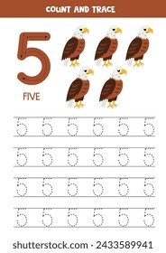 Numbers tracing practice. Writing number five. Cute cartoon bald eagles.