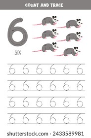 Numbers tracing practice. Writing number six. Cute cartoon solenodons.