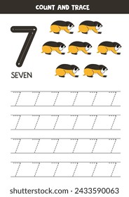 Numbers tracing practice. Writing number seven. Cute cartoon lemmings.