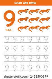 Práctica de rastreo de números. Escribiendo el número nueve. Lindos tritones de dibujos animados.