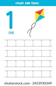 Numbers tracing practice. Writing number one. Cute cartoon kite.