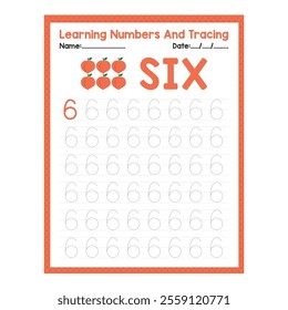 Numbers tracing practice. Writing number Six