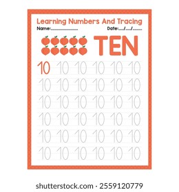 Numbers tracing practice. Writing number Ten