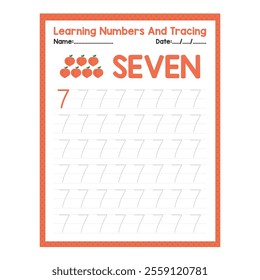 Numbers tracing practice. Writing number Seven