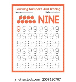 Numbers tracing practice. Writing number Nine