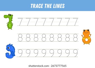 Numbers tracing practice. Writing number seven, eight, nine. Tracing worksheet with cute monster digits. Ready for print. Educational game for preschool kids. Activity page. Vector